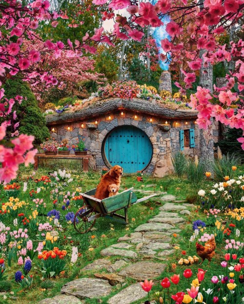 A whimsical garden scene with a stone cottage, colorful flowers, a bear, a dog in a wheelbarrow, and cherry blossoms.