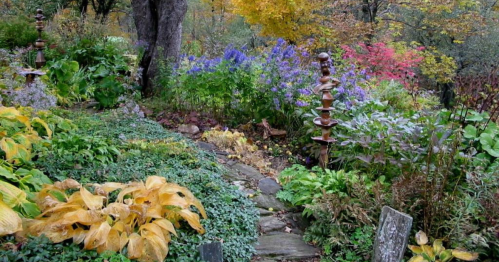 Lush garden path surrounded by vibrant flowers and greenery, with colorful foliage in autumn hues.