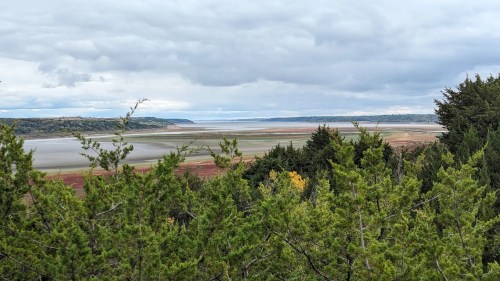 A scenic view of a dry lakebed surrounded by green trees under a cloudy sky.