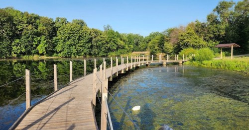 A wooden walkway curves over a serene pond, surrounded by lush green trees and clear blue skies.