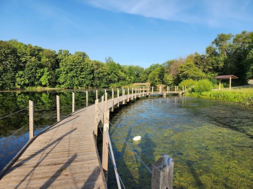 A wooden walkway curves over a serene pond surrounded by lush greenery under a clear blue sky.