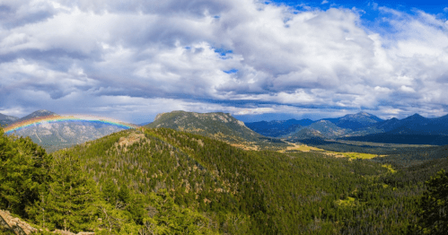 A panoramic view of a lush green valley with mountains and a rainbow under a partly cloudy sky.