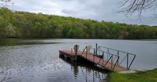 A wooden dock extends into a calm lake, surrounded by lush green trees under a cloudy sky.