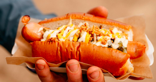 A hand holding a loaded hot dog in a bun, topped with mustard, mayonnaise, and crispy onions.