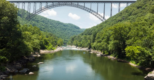 A scenic view of a river surrounded by lush greenery, with a large bridge arching overhead.
