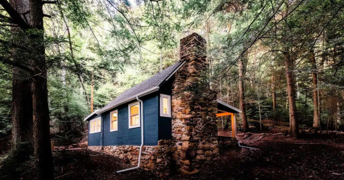 A cozy blue cabin with a stone chimney nestled among tall green trees in a serene forest setting.