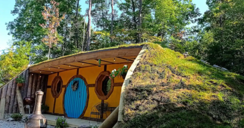 A whimsical, earth-covered structure with a blue door and round windows, surrounded by trees and greenery.