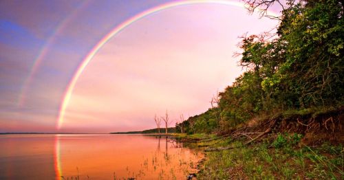 A serene lakeside scene featuring a vibrant double rainbow arching over calm waters and lush greenery.