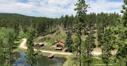 A scenic view of a house by a pond, surrounded by tall pine trees and rolling hills under a blue sky.