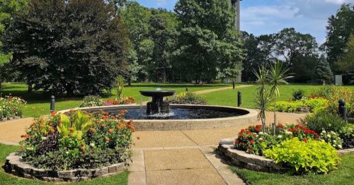 A serene garden with a central fountain surrounded by colorful flowers and lush greenery under a clear blue sky.