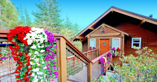 A charming wooden cabin surrounded by vibrant flowers and greenery, with a welcoming entrance and clear blue sky.