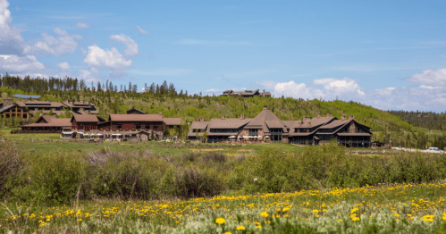 A scenic view of a lodge surrounded by greenery and wildflowers under a blue sky with fluffy clouds.