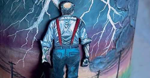 A detailed illustration of a man with suspenders standing against a stormy sky, surrounded by lightning and dark clouds.