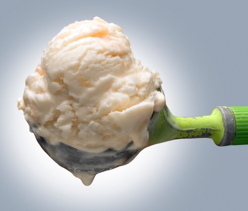 A close-up of a scoop of creamy ice cream on a metal scoop with a green handle, set against a soft gray background.