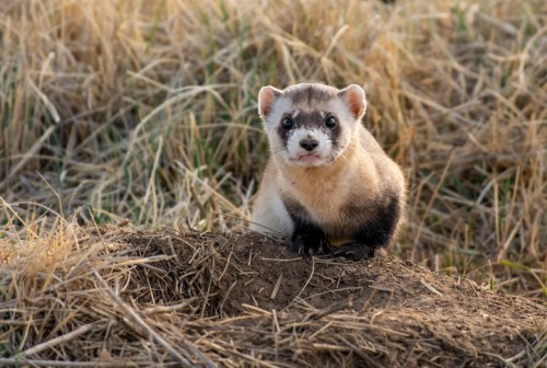 A small ferret-like animal with a light brown coat and dark markings, sitting on a mound of dirt in a grassy field.