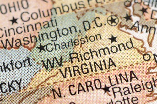 Close-up of a map highlighting Richmond, Virginia, and surrounding areas, including Washington, D.C., and Charleston.