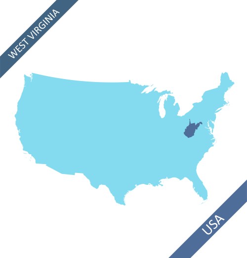 Map of the USA highlighting West Virginia in dark blue against a light blue background.