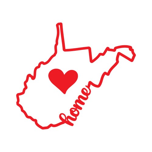 Outline of West Virginia with a red heart and the word "home" in a playful font.