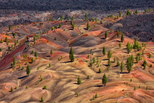 A colorful landscape of rolling hills with scattered green trees, surrounded by dark volcanic rock.