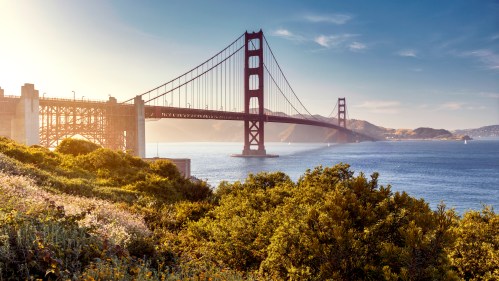 Golden Gate Bridge spanning a bay, surrounded by greenery and hills under a clear blue sky.