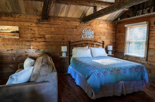 Cozy cabin bedroom with a wooden interior, a bed with colorful bedding, and a sofa by the window.