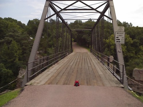 A small toy sits on a wooden bridge surrounded by greenery, with a weight limit sign visible in the background.