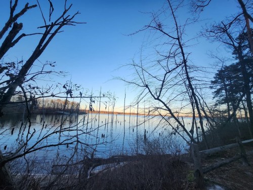 A serene lake view at dusk, framed by bare trees and a clear blue sky. Reflections shimmer on the water's surface.