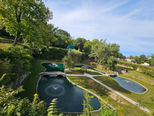 A scenic view of ponds with fountains, surrounded by greenery and trees under a clear blue sky.