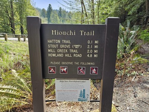 Signpost for Hiouchi Trail with distances to various trails and a reminder to observe park rules.