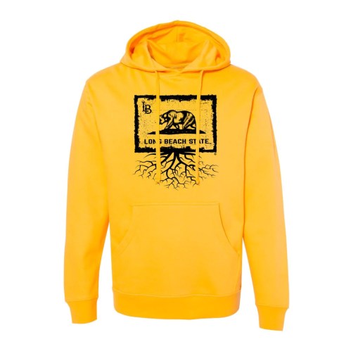 Yellow hoodie featuring a graphic of a bear and "Long Beach State" text with a tree root design.