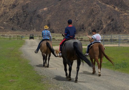 Two riders on horseback, one wearing a hat, walking down a dirt path with a mountainous landscape in the background.