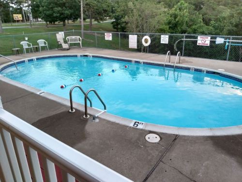 A clear blue swimming pool with floating balls, surrounded by a concrete deck and green trees in the background.