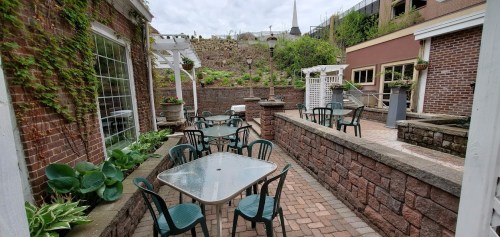 Outdoor patio with green chairs and tables, surrounded by brick walls and greenery, under a cloudy sky.