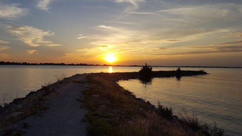A serene sunset over a calm lake, with a path leading towards the horizon and silhouettes of trees on the water's edge.
