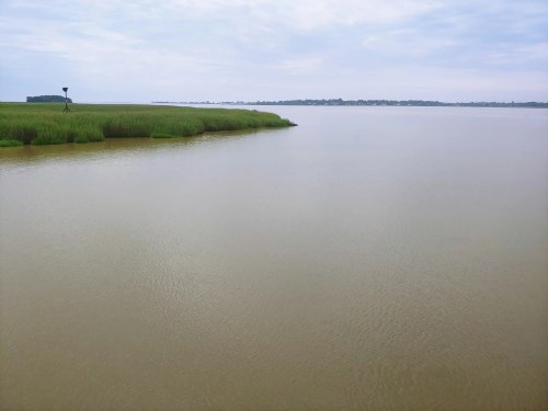 A calm body of water bordered by green grass, with a person walking in the distance under a cloudy sky.