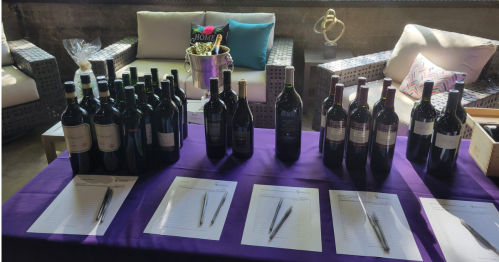 A table with various wine bottles and blank sheets with pens, set in a cozy lounge area.