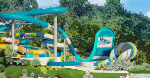 Colorful water slides and a large slide structure in a lush, green park setting with people enjoying the water.