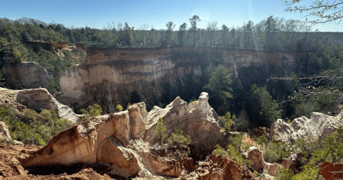 A panoramic view of a canyon with steep cliffs and lush greenery under a clear blue sky.