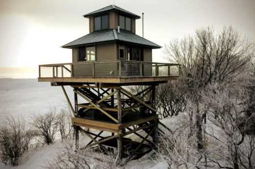 A tall, wooden lookout tower with a metal roof, surrounded by snow-covered trees and a winter landscape.