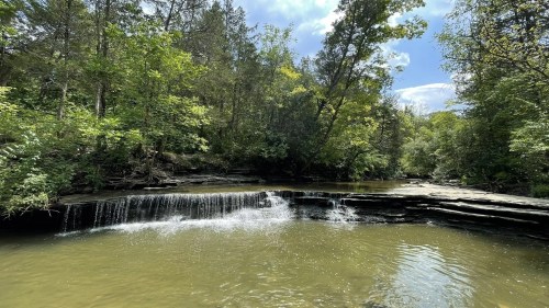 A serene river scene with a small waterfall, surrounded by lush green trees under a bright blue sky.