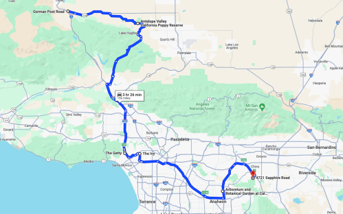 Map showing a route from Gorman Post Road to the California Botanic Garden in Claremont, CA, with estimated travel time.