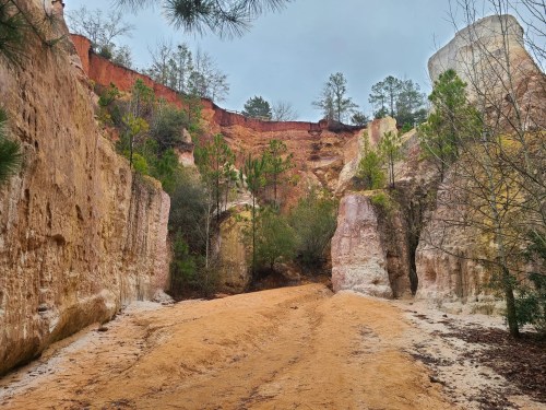 A sandy path between tall, colorful rock formations and trees in a canyon under a cloudy sky.