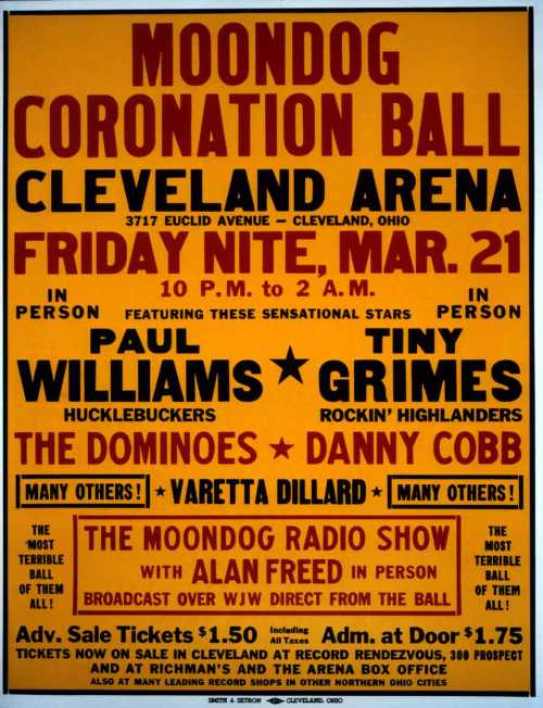 Poster for the Moondog Coronation Ball in Cleveland, featuring artists and event details, March 21, 10 PM to 2 AM.