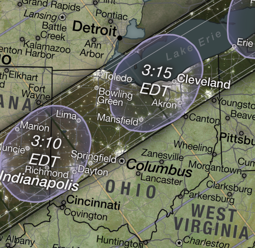 Map showing time zones and cities in the Midwest, including Indianapolis, Cleveland, and surrounding areas with EDT times.