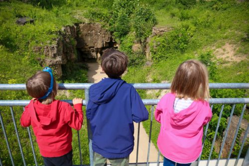 Three children stand on a railing, looking at a cave entrance surrounded by lush greenery.