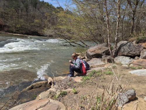 A person sits on rocks by a river, surrounded by trees, enjoying nature on a sunny day.