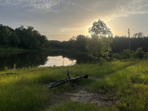 A serene landscape at sunrise, featuring a calm pond, lush grass, and a bicycle resting on the ground.