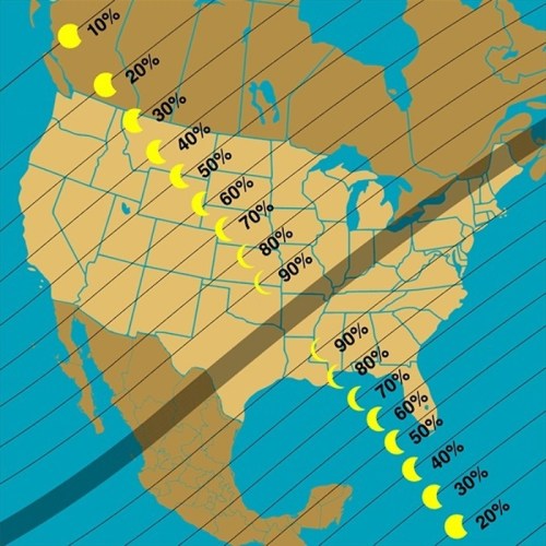 Map showing the percentage of solar eclipse visibility across North America, with varying coverage indicated by yellow icons.
