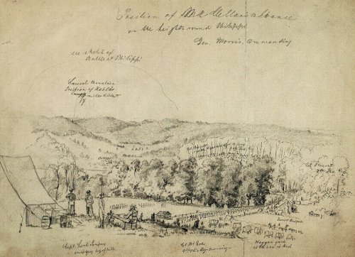 Sketch depicting a military camp with tents and soldiers, set against a hilly landscape, labeled with notes and names.