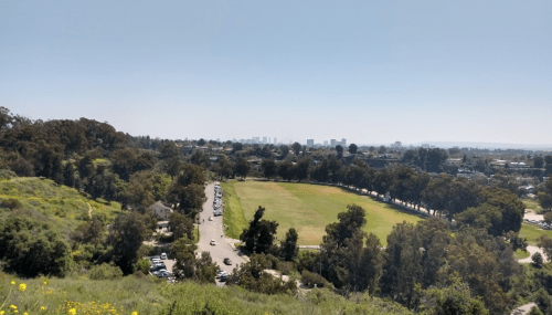 A panoramic view of a green field surrounded by trees, with a city skyline visible in the distance under a clear sky.